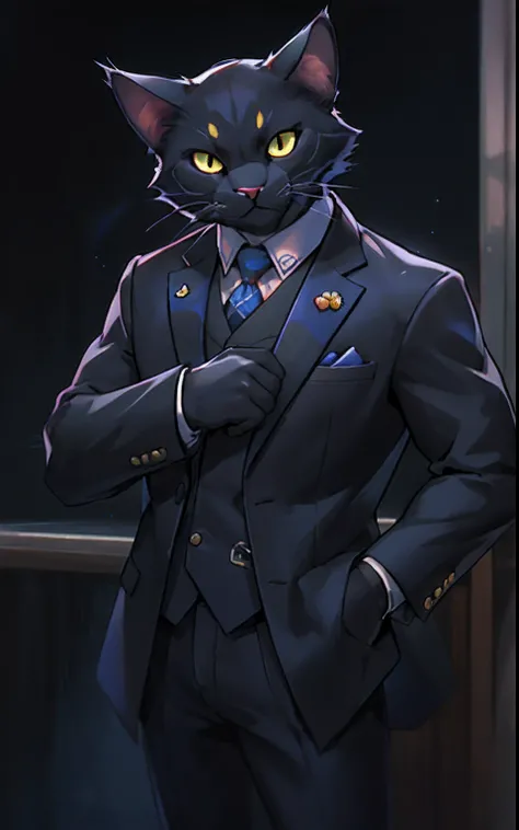 Black Cat Driver、Wearing a suit、bow from the front、smart、gentlemanly、The highest resolution、character concept、character art、Character Portrait、cartoon、Best Quality、4K、Vivid colors、Vivid、high detailing、Best Detail、confident pose。