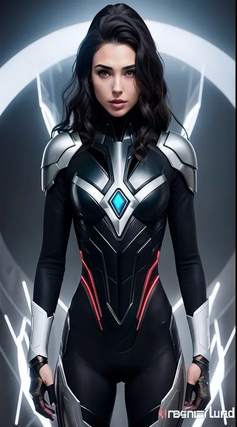 uma mulher em um terno preto com um design futurista, Gal Gadot como Senhor do Inferno, movie still of a villain cyborg, cybernetic suit, cyber suit, filme ainda de um ciborgue legal, cybersuits, mulher scifi, ciborgue - menina, usando armadura futurista, ...