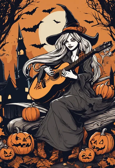 2D ,Quality details, Halloween full body Anime witch hat stand playing guitar rock and roll style , Halloween pumpkins, Bats, intense look, full body, intricate details, highly detailed, ultra high quality, art illustration ,highly detailed, sharp focus, m...