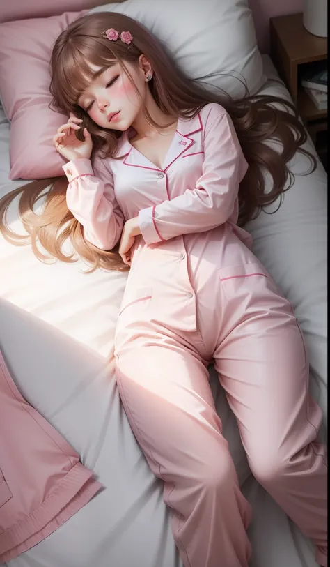 Sleeping girl, 22 years old, realistic, she is wearing long pants, she is wearing pink transparent pajama, brown hair.