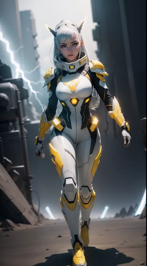 A futuristic warrior woman walks the strange white and yellow planet in the darkness of the universe,full bodyesbian， High definition, Studio photo lighting, Gray brightness detail, 。.。.3D, 4D, Realistic style, film effect, with lightning bolts, Energy atm...