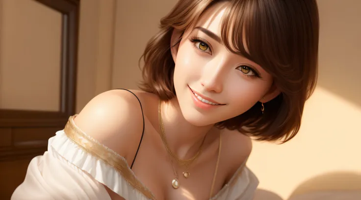 pretty anime woman with perfect figure: 1.4, dark brown hair, big, wearing pendants, torn shorts, sleeping in bedroom, very detailed face and skin, detailed eyes, double eyelids, top quality, masterpiece, (photorealistic: 1.4), one woman, golden ratio, hig...