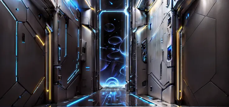 Interior del espacio del edificio，Cosmic science fiction style，Seleccione Plata、Blue and black as main colors should have the feeling of a vast universe。Can be decorated with a small amount of bright or fluorescent colors，