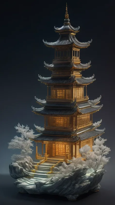 best quality, realistic, photorealistic, ultra detailed, 
Miniature landscape，Chinese architecture，Immortal Mansion，
highly detailed carving on "southern ice" porcelain,
Ultra wide angle,Accent Lighting,Volumetric Lighting,backlighting, (detailed light),((...