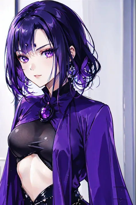 a close up of a girl in a purple outfit, raven black hair, raven, raven hair, villain pose, raven black, high quality, detailed, portrait of raven