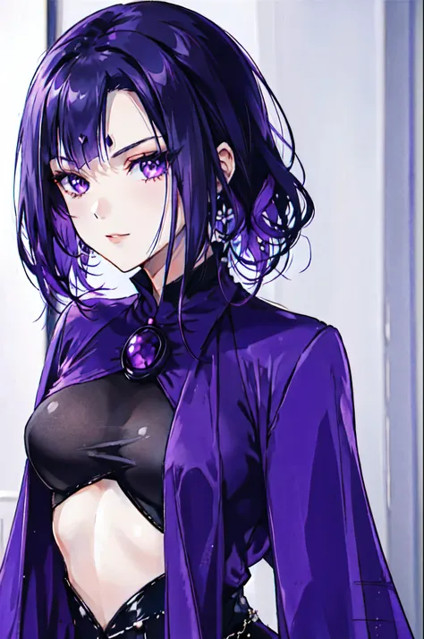 a close up of a girl in a purple outfit, raven black hair, raven, raven hair, villain pose, raven black, high quality, detailed, portrait of raven