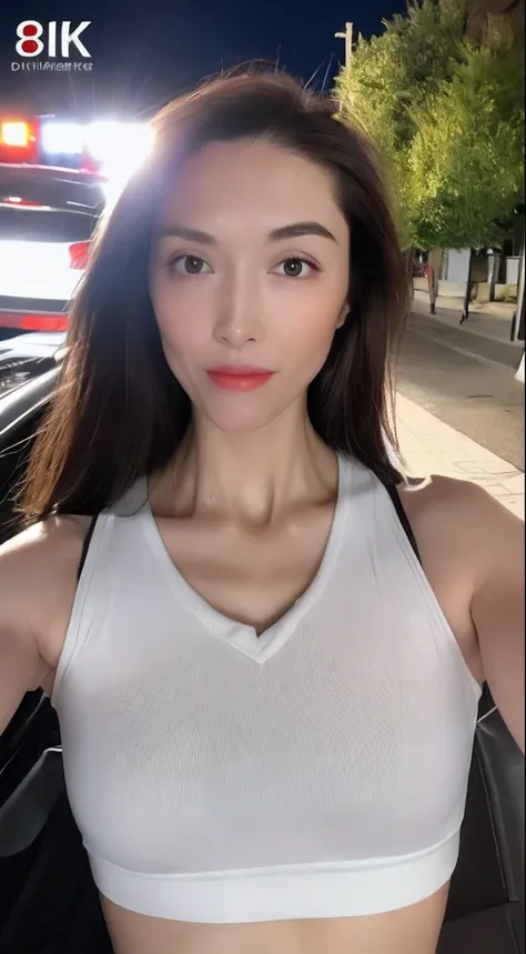 ((Realistic lighting, Best quality, 8K, Masterpiece: 1.3)), Clear focus: 1.2, 1girl, Perfect Figure: 1.4, Slim Abs: 1.1, ((Dark brown hair)), (White crop top: 1.4), (Outdoor, Night: 1.1), City streets, Super fine face, Fine eyes, Double eyelids,