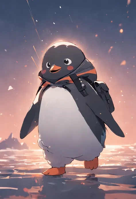 photoRealstic、Drawing of a cute ((chonky penguin 🐧)) going for adventure, cute look, a ((small bag pack)) in the back of penguin, hd ,soft contrast, ((fluffy penguin 🐧)), adorable,ishidata sui, suit, holding gun