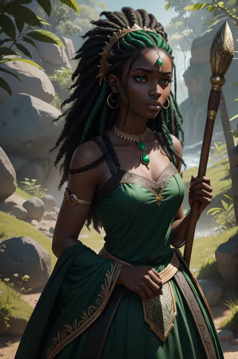 mulher negra com longos cabelos cacheados, holding a wooden staff with magic green stone on top, com os cabelos verdes, cabelos afro, dark skin, wearing a round, flowing green dress with embroidered flowers, com armadura pesada em cima branca com detalhes ...