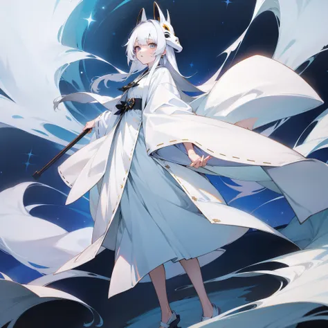 White eyes，Platypus mask，long white robe，white color hair，teens girl，Kamimei，Starry sky elements