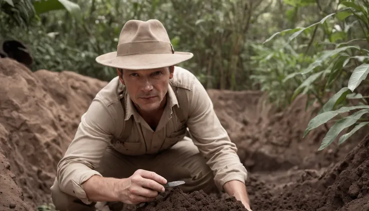 Hyper-realistic image of a sweaty archaeologist carefully digging with a small shovel at a large archaeological site in the dense tropical forest. He wears beige uniform, explorer hat and gloves. In the background, partially vegetation-covered stone ruins.