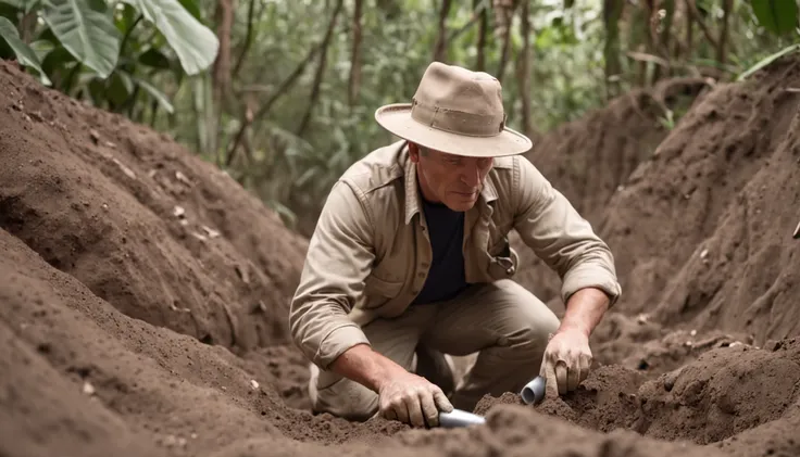 Hyper-realistic image of a sweaty archaeologist carefully digging with a small shovel at a large archaeological site in the dense tropical forest. He wears beige uniform, explorer hat and gloves. In the background, partially vegetation-covered stone ruins.