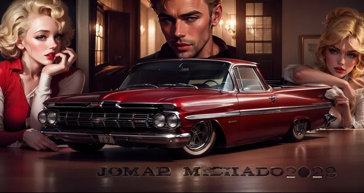 Um elegante Chevy El Camino 59 em primeiro plano, close-up of beautiful blonde Marilyn Monroe with red lips, actor James Dean and a beautiful European woman with elegant red lips and in the framed background windows