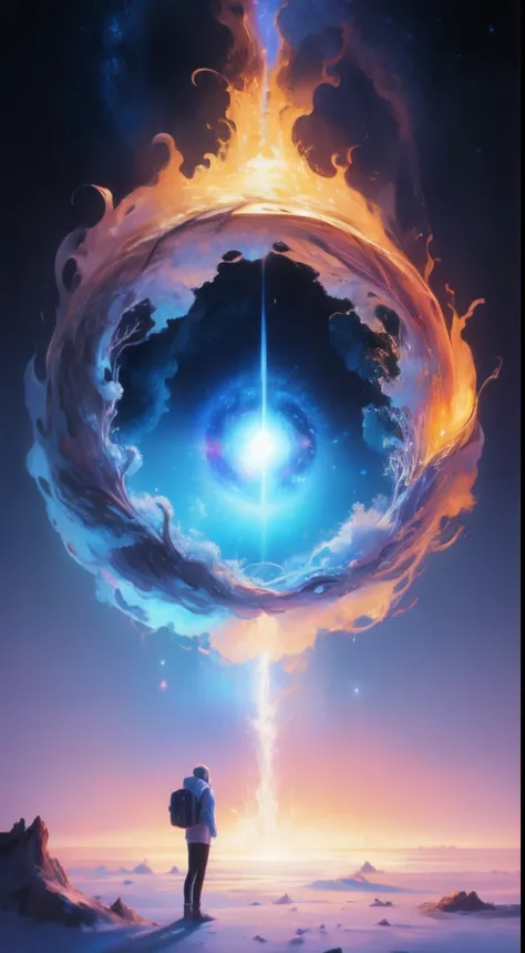 person, standing in front of a space portal overlooking the sun, cyril rolando and goro fujita, gateway to another universe, Inspired by Cyril Rolando, gateway to another dimension, world, visible only through the portal, High quality fantasy stock photo, ...