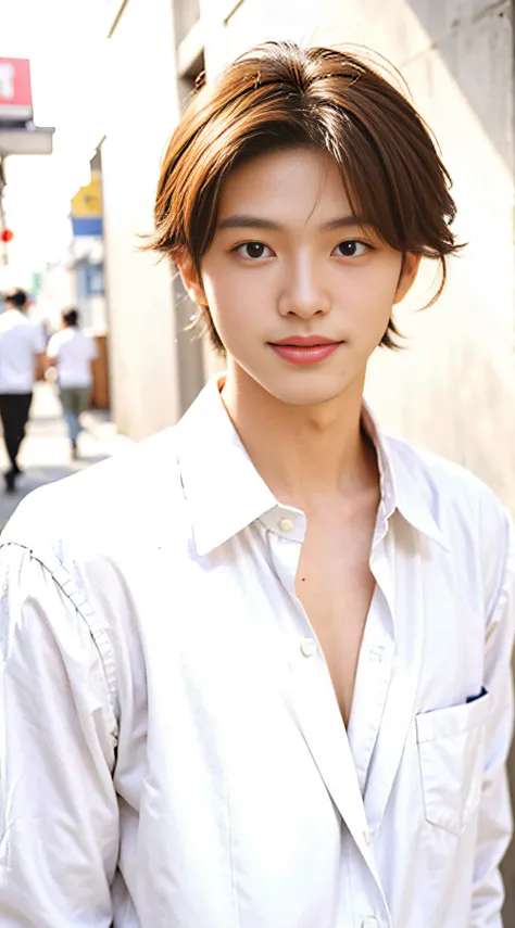 tmasterpiece，best qualtiy，hight resolution，超A high resolution，1 male、a smile、Johnnys，realisticlying，Young men，韓国アイドル、Handsome face，natural soft light，looking at viewert，Street fashion