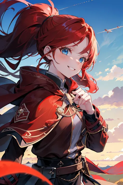 masterpiece, best quality, 1girl, (red hair), ((ponytail)), (long hair), blue eyes, smiling, happy, in the sky, light sky, blue sky, flying, flying in the sky, ((flying in the air)), ((wearing a brown cloak)), (black skirt), clouds, the sun, ((detail face)...