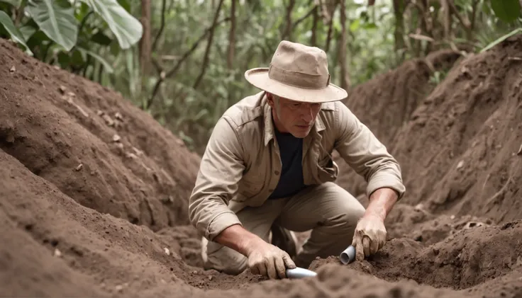 Hyper-realistic image of a sweaty archaeologist carefully digging with a small shovel at a large archaeological site in the dense tropical forest. He wears beige uniform, explorer hat and gloves. In the background, partially vegetation-covered stone ruins.