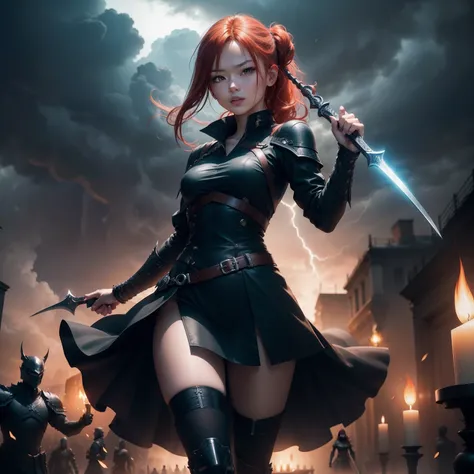 Natural redhead woman posing for camera, Full Body Pose, angry, resent, Holding a sword in his right hand、Be poised to attack,Cut through enemies and roar,Stylish updated hairstyles, hair in bun, Straight hair, Pretty Face, face perfect, Thunderstorm in th...