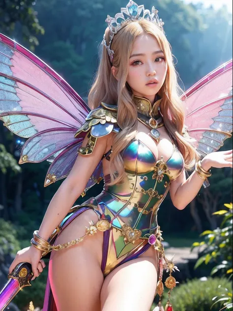 Professional , ​masterpiece、top-quality、photos realistic , depth of fields （Gemstone Silver Metal Body:1.９),(Matte Blackpink、Jewel Gold Weapon、（Gorgeous castle background）、（ultimate beauty girl）、（Rainbow fairy wings grow）、Particles of light、（Metal body of ...