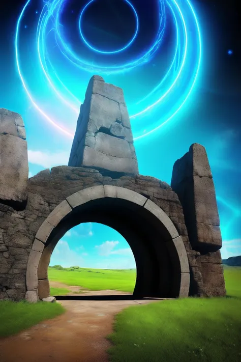 uma foto tirada de um arco de pedra com uma luz circular no fundo, magical portal, magic portal in the sky, gateway to another dimension, Portal para outro mundo, Portal to another dimension, Portal in the Anoteer dimension, Porta de entrada para o futuris...