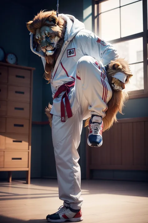 Man wearing taekwondo uniform，standing on your feet，sideface，Wear a lion hood，Swing handsome movements