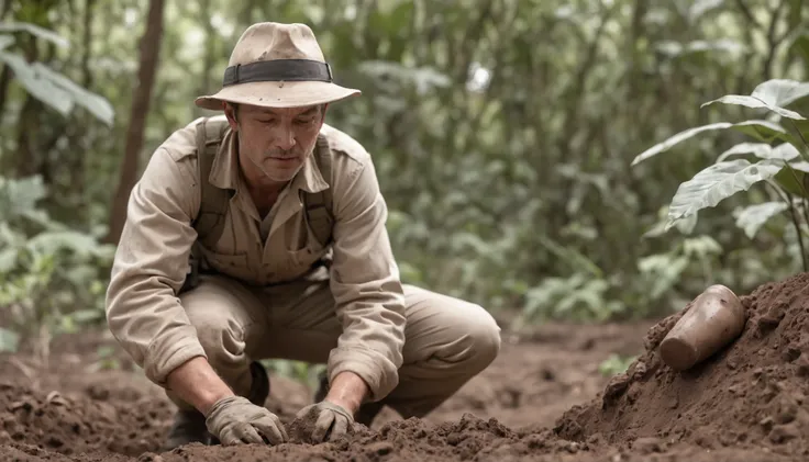 Hyper-realistic image of a sweaty archaeologist carefully digging with a small shovel at a large archaeological site in the dense tropical forest. He wears beige uniform, explorer hat and gloves. In the background, partially vegetation-covered stone ruins.