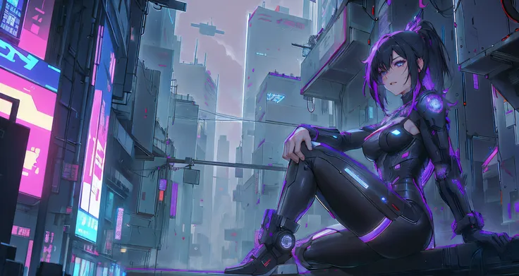 Cyber girl sitting on a ledge in the city at night。Cyberpunk anime art envelops her as digital worlds intersect。Modern cyberpunk art style illuminated by neon lights、It depicts a fusion of an anime girl and a mecha.。This art with a cyberpunk theme is、Feel ...