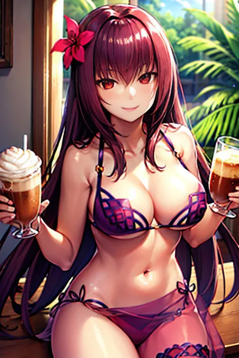 scathach, scathachBikini, masterpiece, best quality, absurdres, 1girl, cafe, indoors, window, crowd, coffee, sitting, steam, looking at viewer, upper body, smile, hanging light, ceiling light, potted plant