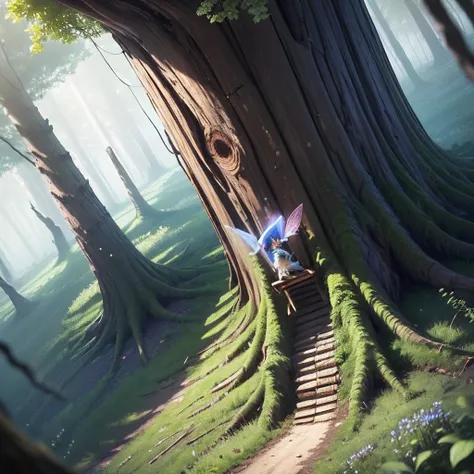 Fairy tale. Very Very huge old stump from a felled tree in a forest clearing, as a home for many unearthly animals. All animals are funny, they jump, fly, run along this stump. Lots of details. close-up. Disney cartoon style. super realistic, cinematic. Bl...