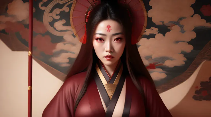 Eternal disaster，Canaan，anime woman，26 year old，Raised sexy，Hanfu，Dunhuang murals，Deep eyes，Red eyes，dark，China-style，3D，Textured skin，Ultra high quality，mito