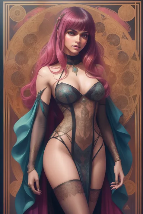 Deepika Padukone as Vampirella, full body length standing of a photorealistic beautiful woman, proportionate, intense coloration fantasy, light hair, a stunning realistic photograph 20 years , bubblegum pink colored hair, upper class fashion, random color ...