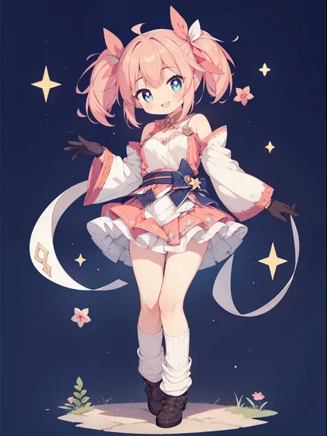 (1girl in:1.2), (Solo:1.2), masutepiece, nffsw、Shaders、Brilliant Textured Work、Ultra-detailed eyes、ultra-intricate pupil in eyes、top-quality、Pink hair、childish、Gamine、小柄、Standing Picture、magical little girl、shorth hair、Twin-tailed、Large ribbon、small tits、v...