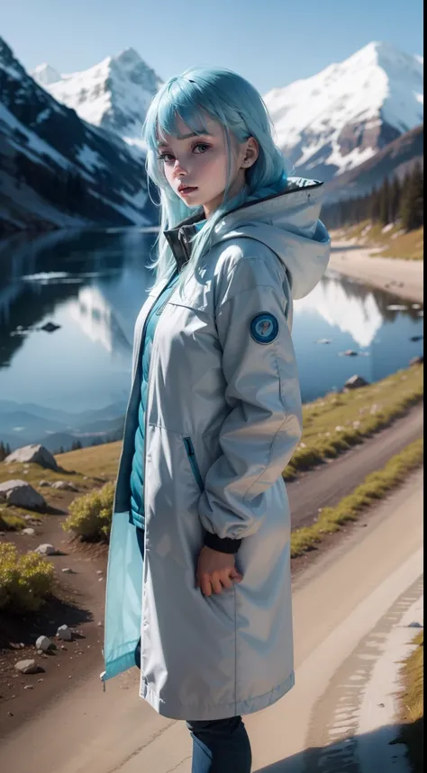 Young beauties，Clear face，Beautiful face，long baby blue hair，White down jacket，Full body like，solo person，Mountains and forests background，Frozen