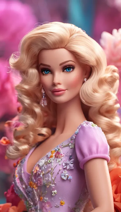 "Vibrant and captivating Barbie portrait with impeccable detail, Capture her elegance and charm in high-resolution CG artwork. Radiant hair，Flawless, The doll features stylish clothing, stunning blue eyes, Perfect style. Soft lighting accentuates her beaut...