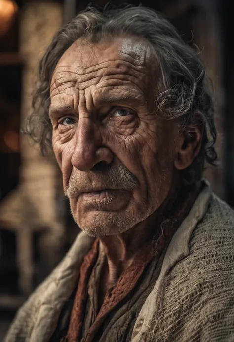 Detailed and authentic 60-year-old medieval man , True 8K quality, textured skin pores, wrinkled skin; (Rousseur: 0,2), brown hair, Detailed blue eyes Chapped lips, View Behind Closed Doors Cinematic Photography (Realstic, Realstic: 1.33) , Soft natural li...