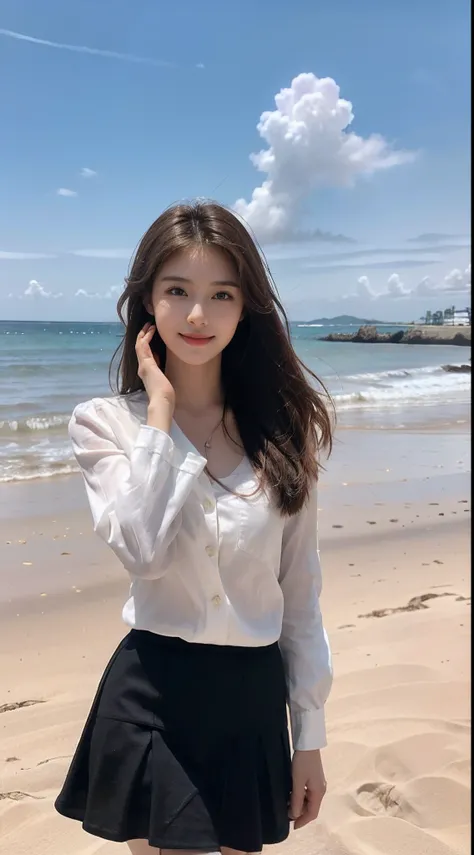 ((Best picture quality, 8K, tmasterpiece: 1.3)), self-shot, Sharp focus: 1.2, A cute beauty with a perfect figure: 1.4, Slim, ((Brown hair black)) , (whitet-shirt，pleatedskirt，Highly detailed face，Happy expression，standing on your feet：1.2），（（with blue sky...