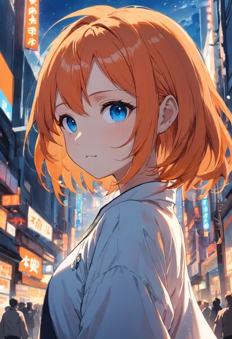 Orange hair, blue eyes, cheerful, idol, girl, side ponytail, short hair