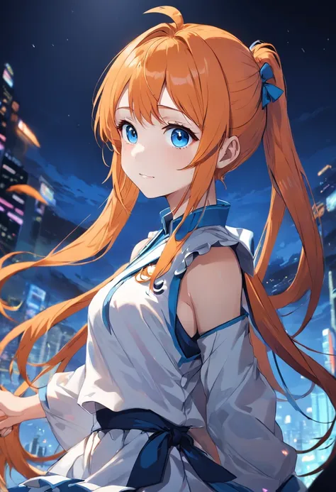 Orange hair, blue eyes, cheerful, idol, girl, side ponytail