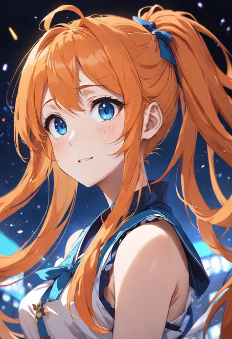 Orange hair, blue eyes, cheerful, idol, girl, side ponytail