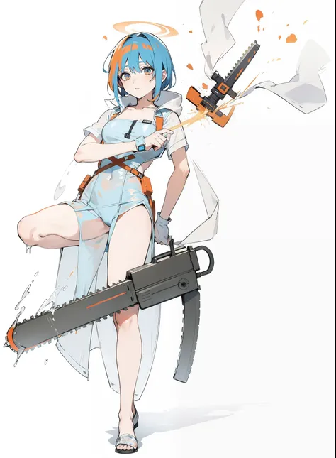 Orange blue hair white transparent raincoat angel with chainsaw，Let go of Gods punishment