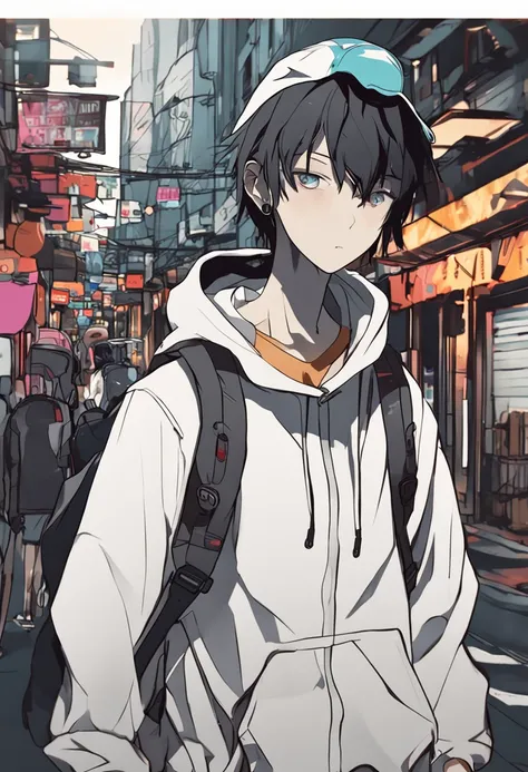 Anime character with black hair and white hoodie,Stand up，Carrying a suitcase in both hands，The background is in the high street，the night