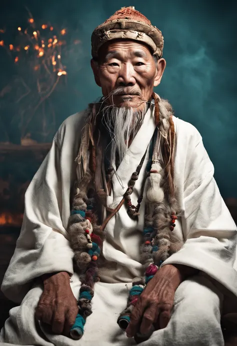 An elderly Chinese shaman man in a white robe, white mustache, k hd, Look at the camera, Studio lighting, actual