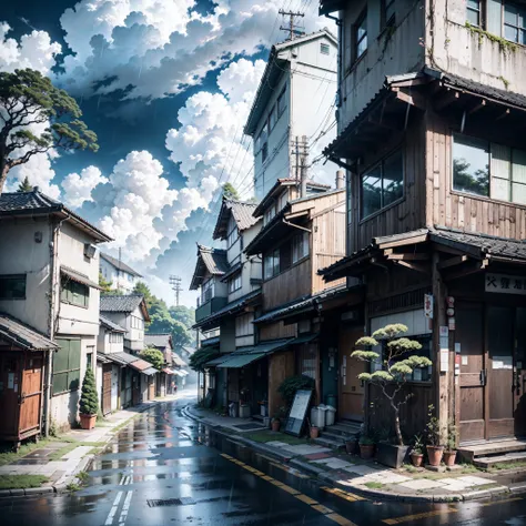 raining, gloomy weather. Japanese bus stop, surrounded by trees and vegetation on one side of the street and modern japanese buildings on the other side. Best quality. No one in sight. Anime. Anime style. lofi. dramatic weather. wide view, wide angle. Next...