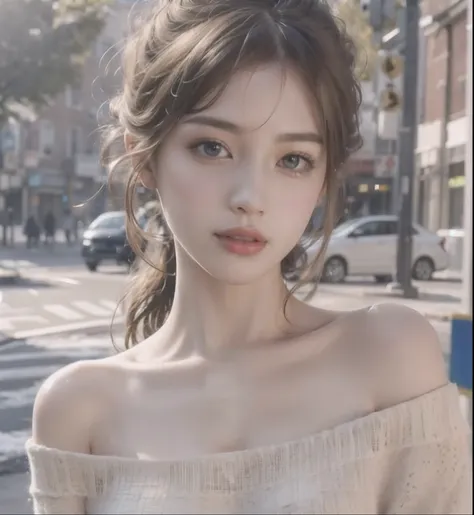 Close-up of a woman wearing a jacket standing in the street, beautiful delicate face, korean girl, beautiful delicate face, beautiful young korean woman, A beautiful aesthetic face, girl cute-fine-face, beautiful south korean woman, Adorable young Korean f...