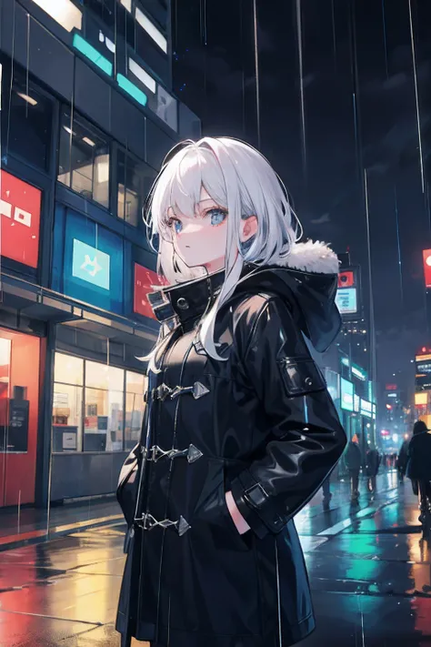 1girl, Night City, rain, coat, hands in pockets