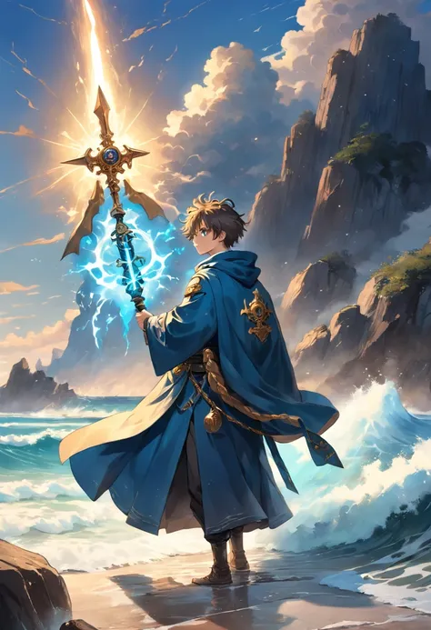 Marine style,Rocky beach with crashing waves,Cloud-filled blue sky,Golden sea at sunset,The boy stood up bravely,Holding a mysterious magic weapon that emits light,Wear a handsome cloak and mysterious talisman,Carrying a splendid legend,Closely connected t...