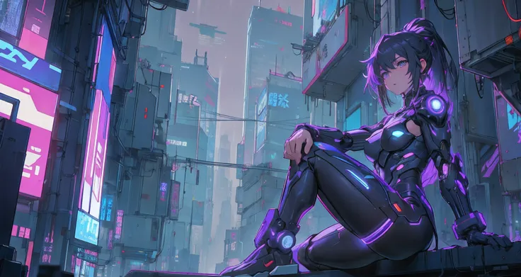 Cyber girl sitting on a city shelf at night。Cyberpunk anime art is、Envelop her as the digital world intersects。Modern cyberpunk art style illuminated by neon lights、It depicts the fusion of an anime girl and a mecha.。This cyberpunk-themed art is、Feels like...