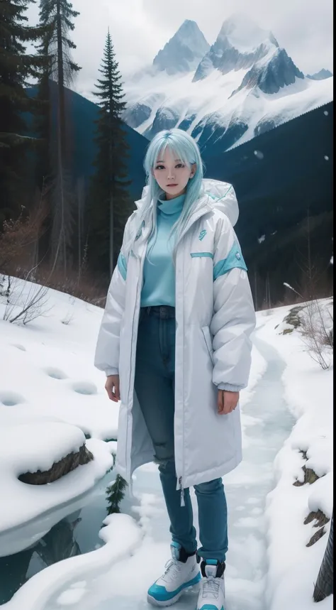 Young beauties，Clear face，Beautiful face，long baby blue hair，White down jacket，Full body like，solo person，Mountains and forests background，Ice and snow，