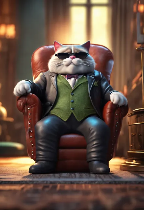 Old fat gangster tom cat on leather armchair, 3D vray rendering, Pixar characters