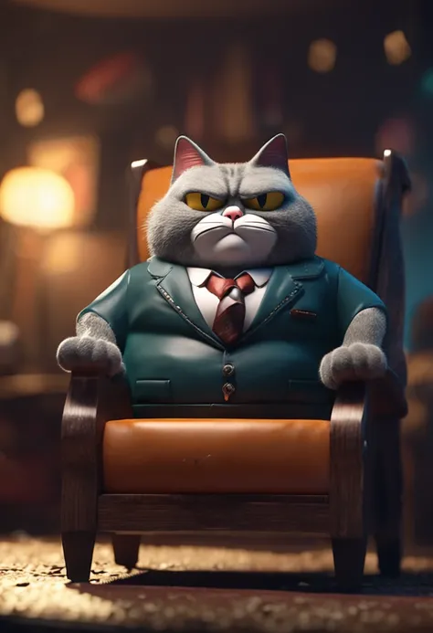 Old fat gangster tom cat on leather armchair, 3D vray rendering, Pixar characters